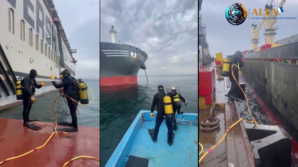 Alfa Dalgıçlık ekibi, ticari bir gemide su altı operasyonu öncesi güvenlik ve ekipman kontrolü yapıyor