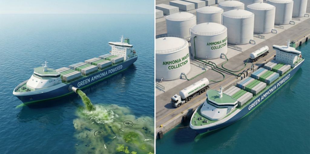 Yeşil Amonyak yakıtının atığının nasıl ortadan kaldırılacağına dair yapay zeka görseli.