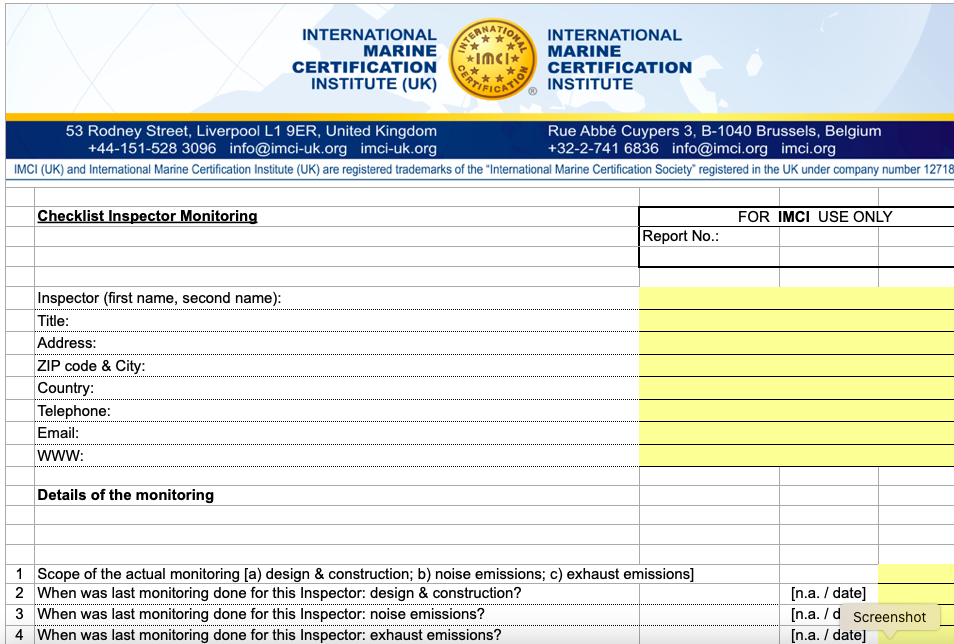 CE sertifikasyonu sürecinde kullanılan IMCI tekne inceleme ve uygunluk değerlendirme formu